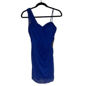 809-CACHE Blue formal mini dress with accent beading